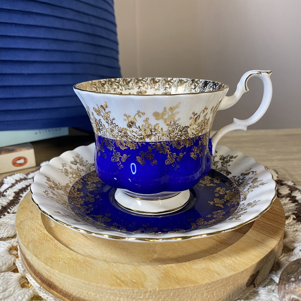 Royal Albert Regal Series Teal White & Gold Teacup & Saucer Bone China England